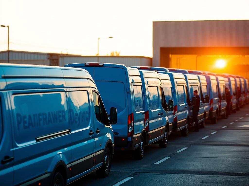 Fleet of delivery vans lined up at a logistics depot at sunrise