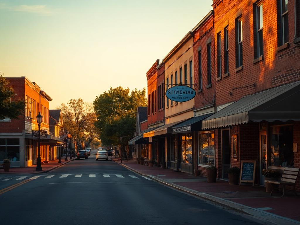 Historic small-town main street in Montezuma, Georgia at golden hour
